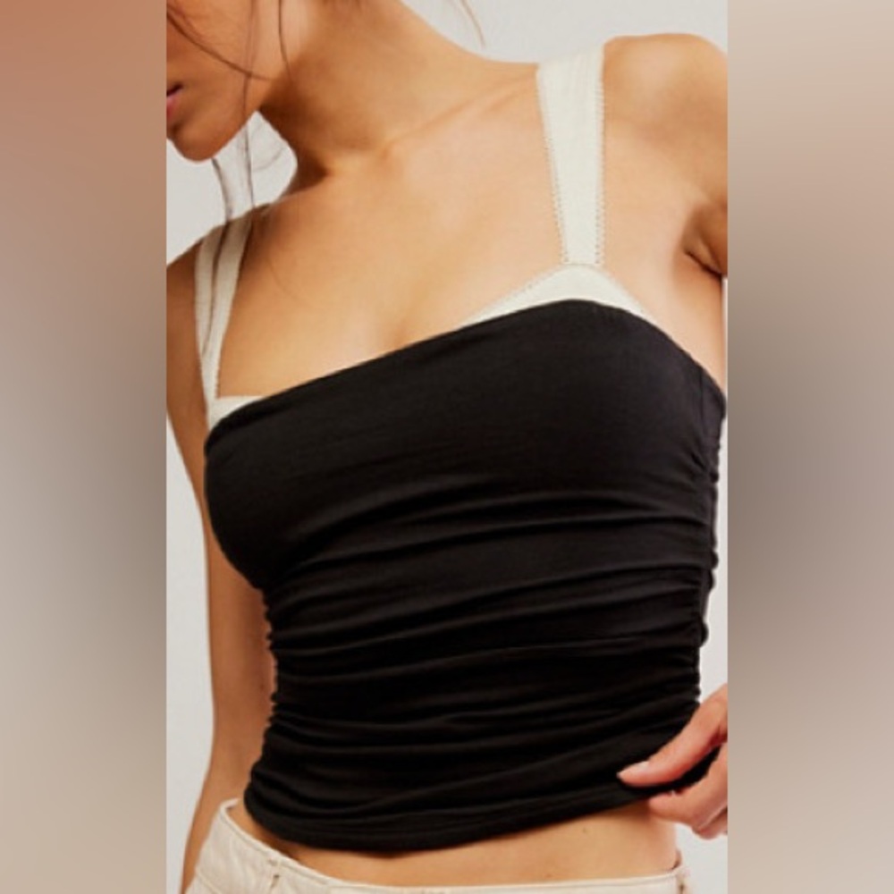 Free People Black and Cream Lace Trim Top
